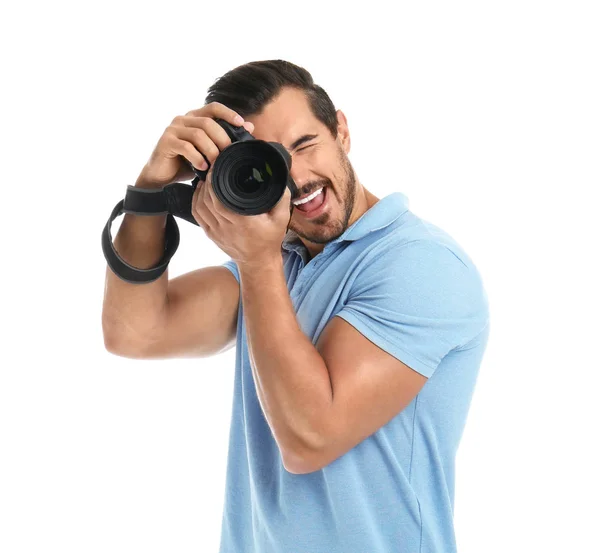 Jovem fotógrafo profissional tirar foto no fundo branco — Fotografia de Stock