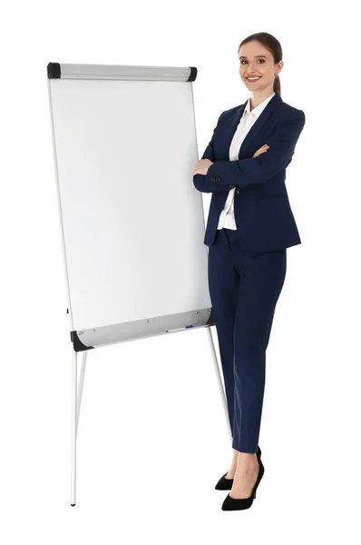 Professionell Business Trainer nära flip Chart Board på vit bakgrund. Utrymme för text — Stockfoto