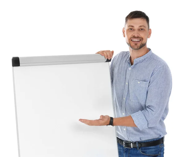 Professional business trainer near flip chart board on white background. Space for text — Stock Photo, Image