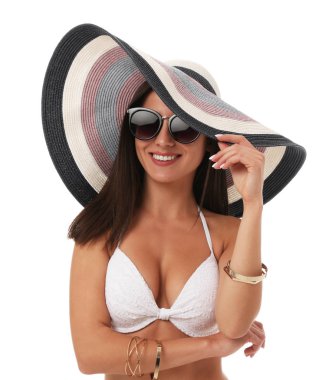 Beyaz arka planda şık bikini ince vücut ile Pretty seksi kadın