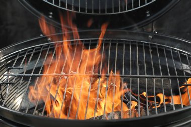 Yanan odun ile yeni modern barbekü ızgara, closeup