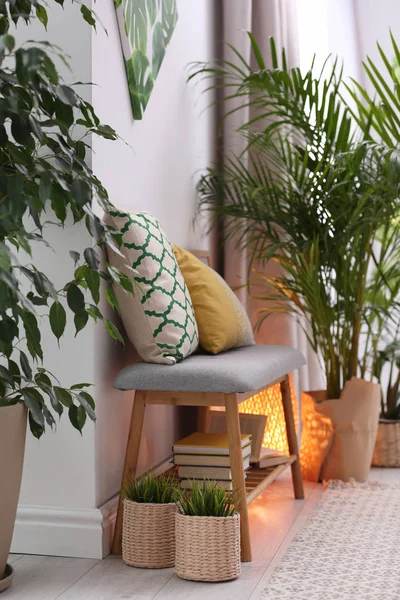 Élégant intérieur de chambre moderne avec des plantes d'intérieur exotiques — Photo