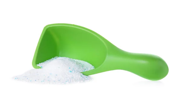 Detergent do prania w plastikowym miarka na białym tle — Zdjęcie stockowe