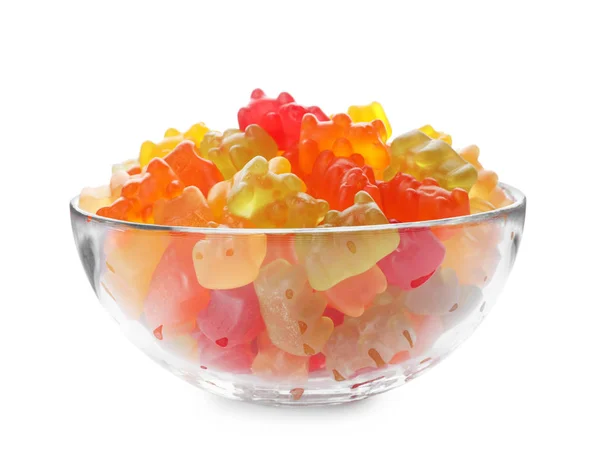 Glasschale mit köstlichen hellen Gummibärchen auf weißem Hintergrund — Stockfoto