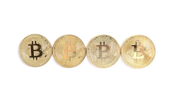 Row of bitcoins isolated on white, top view. Digital currency — Stock Photo, Image