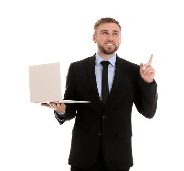 Feliz joven empresario sosteniendo portátil sobre fondo blanco —  Fotos de Stock