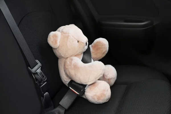 Barnets leksak Bear bucklad med säkerhetsbälte på bil baksätet. Förebyggande av fara — Stockfoto