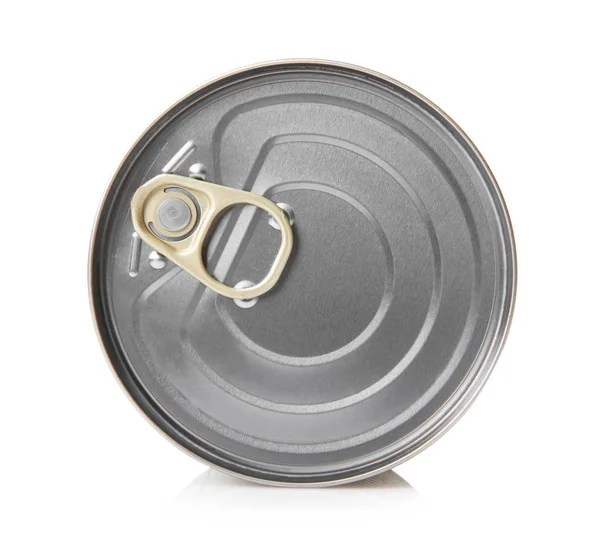 Closed tin can isolated on white, top view — Stock Photo, Image