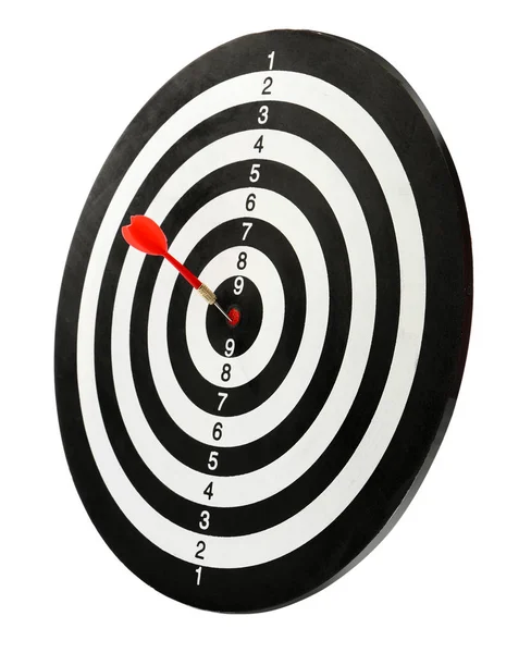 Red arrow hitting target on dart board against white background — Stock Photo, Image