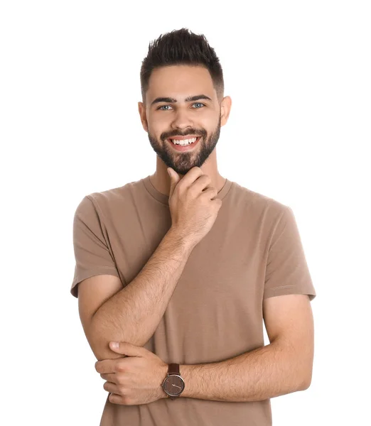 흰색 절연 잘생긴 웃는 남자의 초상화 — 스톡 사진
