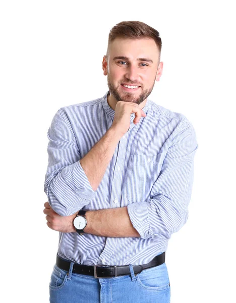 Retrato de hombre feliz guapo sobre fondo blanco — Foto de Stock