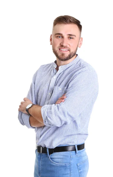 Retrato de belo homem feliz no fundo branco — Fotografia de Stock