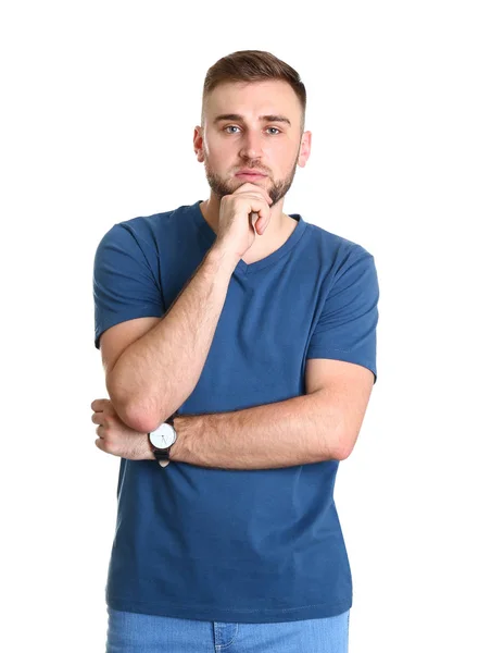 Retrato del hombre apuesto y reflexivo sobre fondo blanco — Foto de Stock