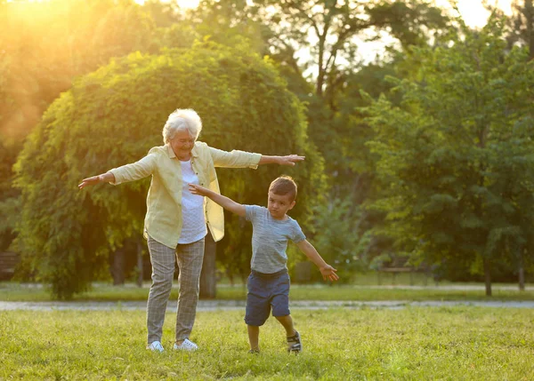 Kleiner Junge und seine Großmutter amüsieren sich im Park — Stockfoto