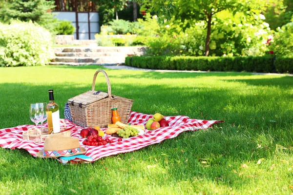 Piknikový koš s produkty a láhev vína na šekové přikrývce v zahradě. Místo pro text — Stock fotografie