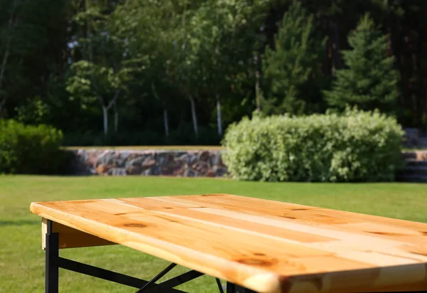 Yeşil parkta boş ahşap piknik masası, tasarım alanı