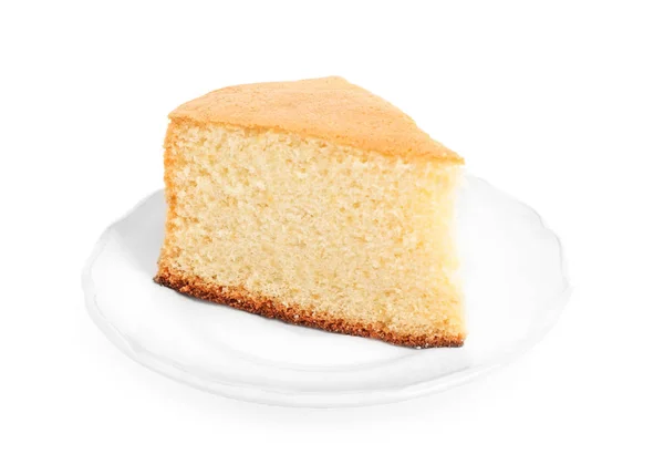 Trozo de delicioso pastel casero fresco sobre fondo blanco —  Fotos de Stock