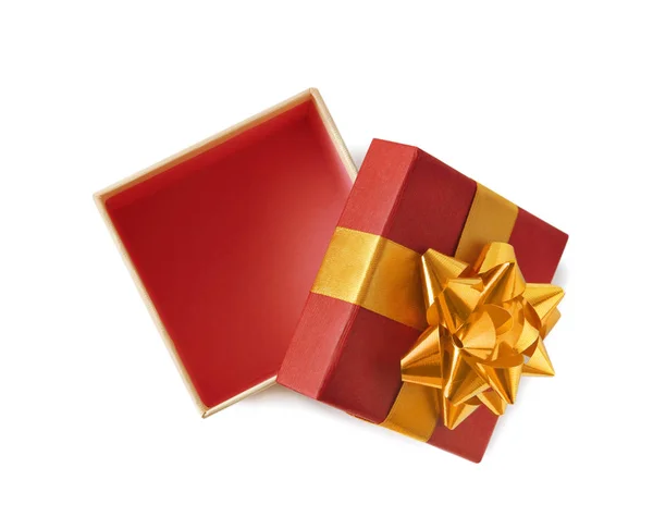 Open empty gift box with bow on white background, top view — Stock Photo, Image