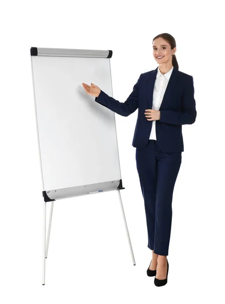 Professionell Business Trainer nära flip Chart Board på vit bakgrund. Utrymme för text — Stockfoto