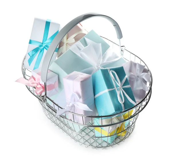 Shopping basket full of gift boxes on white background — Stock Photo, Image