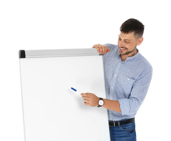 Professioneller Businesstrainer in der Nähe von Flipchart-Tafeln auf weißem Hintergrund. Raum für Text — Stockfoto