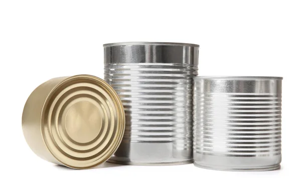 Closed tin cans isolated on white, mockup for design Stock Image