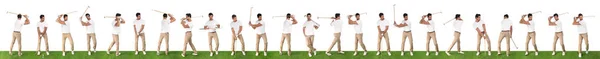 흰색 배경에 대한 녹색 잔디에 골프를 치는 젊은 남자의 콜라주. 배너 디자인 — 스톡 사진