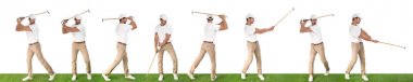 Beyaz arka plana karşı yeşil çimenler üzerinde golf oynayan genç adamın kolajı. Banner tasarımı 