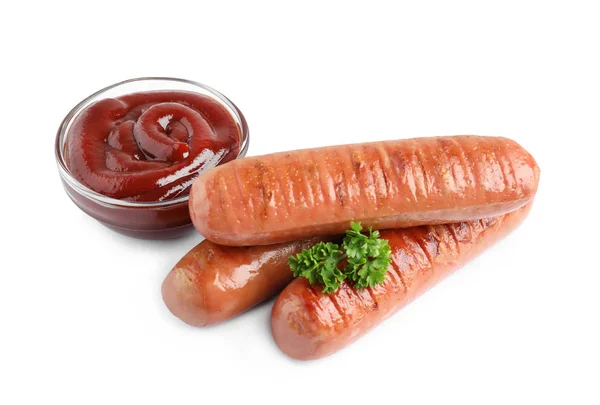 Delicious grilled sausages and sauce on white background. Barbecue food — Stock Photo, Image