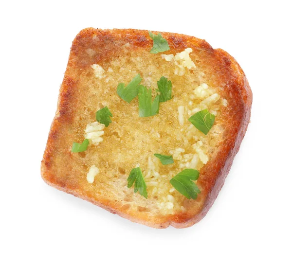 Beyaz arka planda sarımsak ve ot ile tost ekmeği Dilim, üst görünümü — Stok fotoğraf