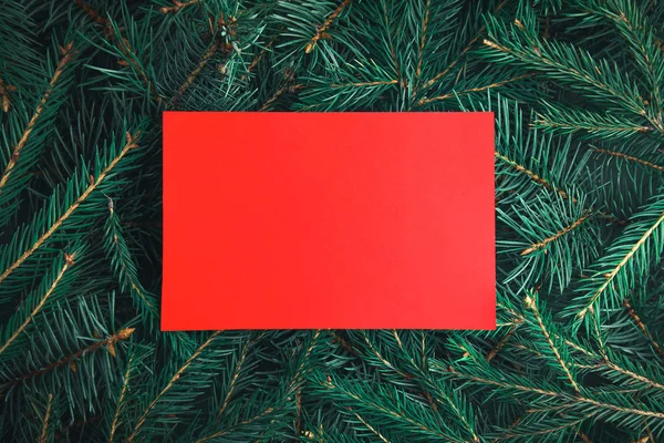 배경, 상단보기로 크리스마스 트리 지점에 빈 카드. 텍스트를 위한 공간 — 스톡 사진