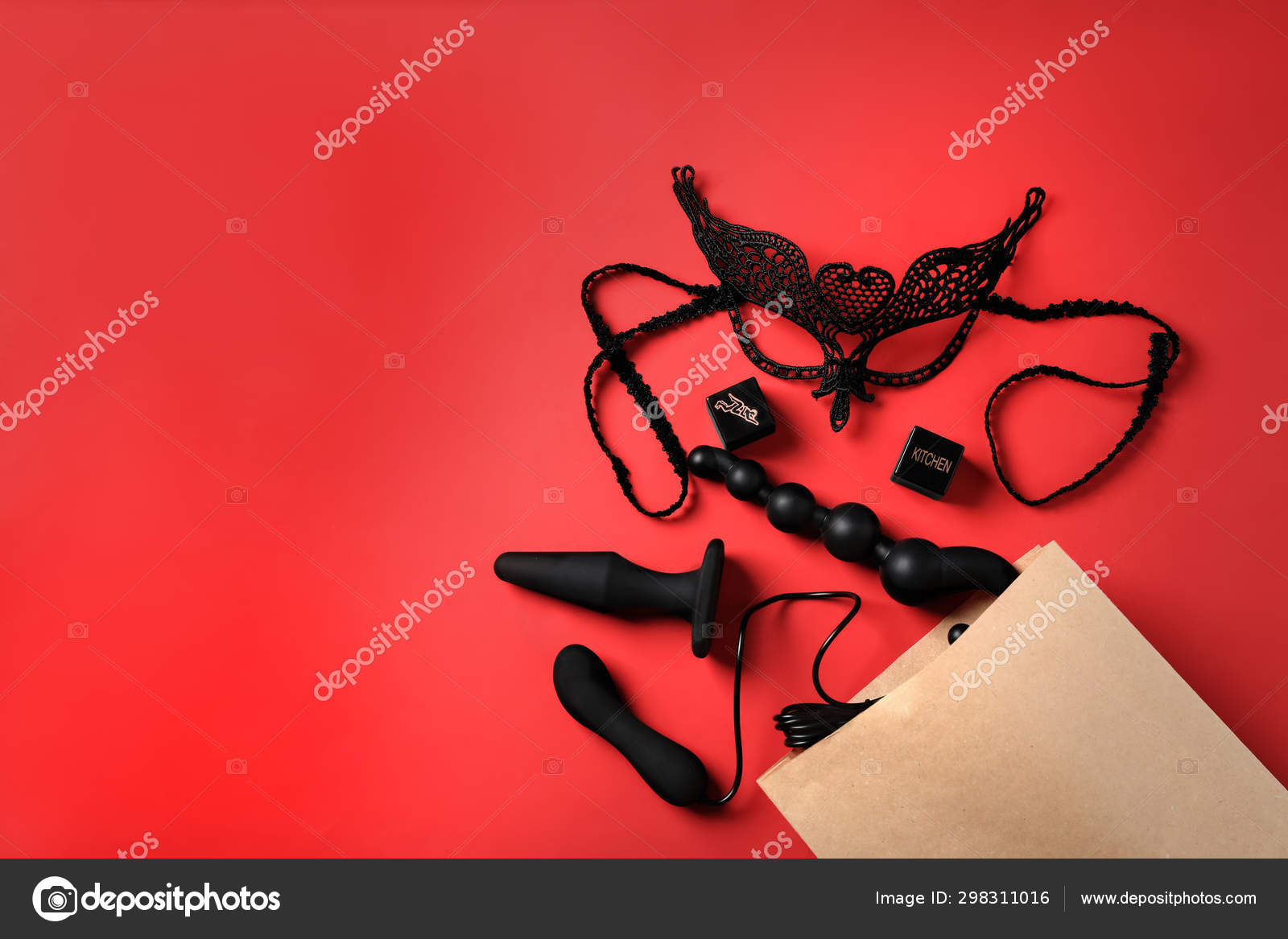Paper shopping bag with different sex toys on red background, flat