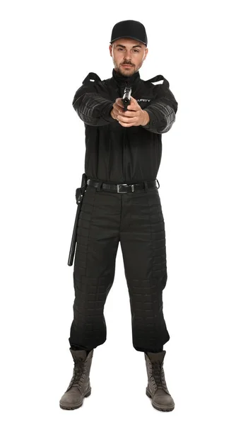 Manlig säkerhetsvakt i uniform med pistol på vit bakgrund — Stockfoto