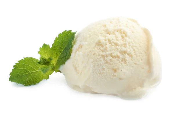 美味的冰淇淋勺子与薄荷在白色背景 — 图库照片