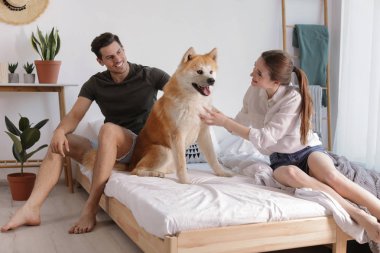 Çift ve Akita Inu köpek yatak odasında houseplants ile dekore