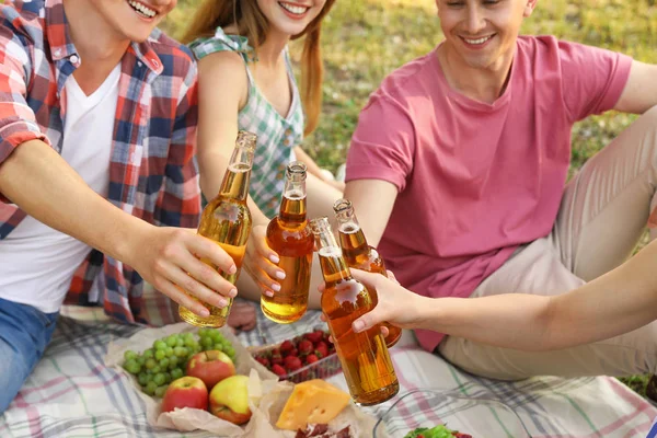 Les jeunes profitent du pique-nique dans le parc le jour de l'été, gros plan — Photo