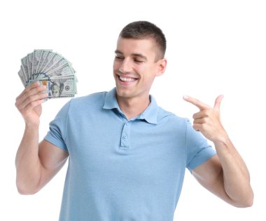 Beyaz arka plan üzerinde dolar ile Yakışıklı genç adam