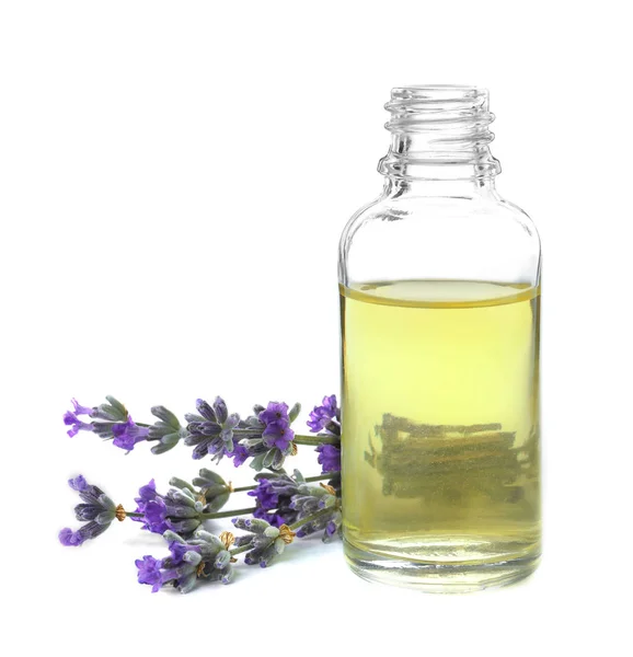 Butelka olejku eterowego i kwiatów lawendy na białym tle — Zdjęcie stockowe