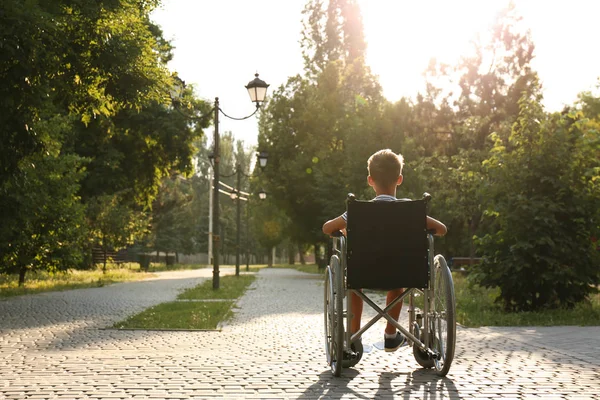 Mały chłopiec na wózku inwalidzkim w parku w słoneczny dzień. Miejsce na tekst — Zdjęcie stockowe