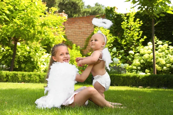 Hermanos con alas de ángel jugando sobre hierba verde en el patio trasero — Foto de Stock