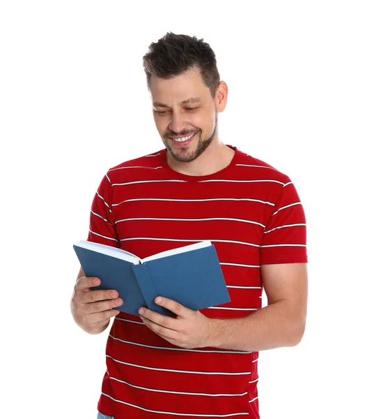 Schöner Mann liest Buch auf weißem Hintergrund — Stockfoto