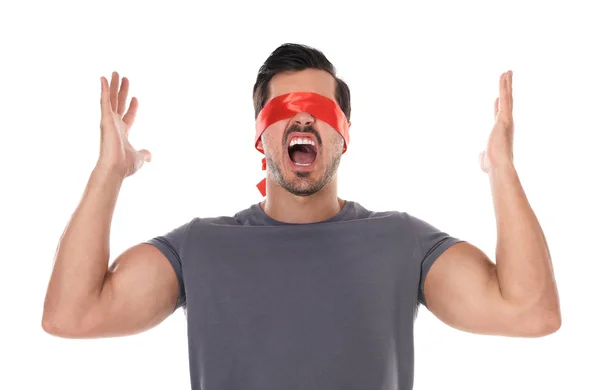 Blindfolded Man Throws Up His Hands Stock Photo, Picture and Royalty Free  Image. Image 7562056.