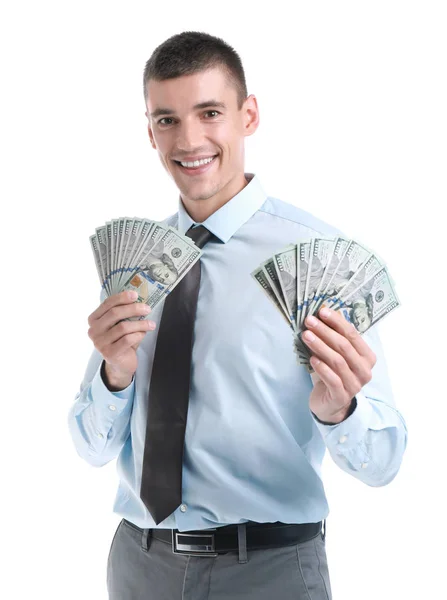 Hombre de negocios guapo con dólares sobre fondo blanco —  Fotos de Stock