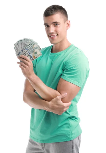 Joven guapo con dólares sobre fondo blanco —  Fotos de Stock