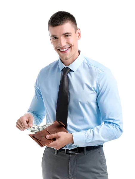 Hombre de negocios guapo con dólares en cartera sobre fondo blanco —  Fotos de Stock