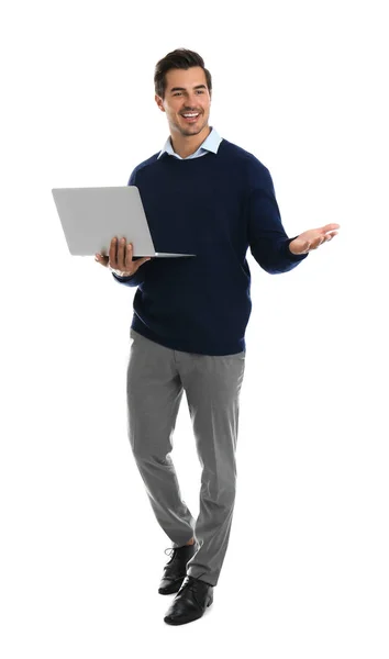 年轻男性教师与笔记本电脑在白色背景 — 图库照片
