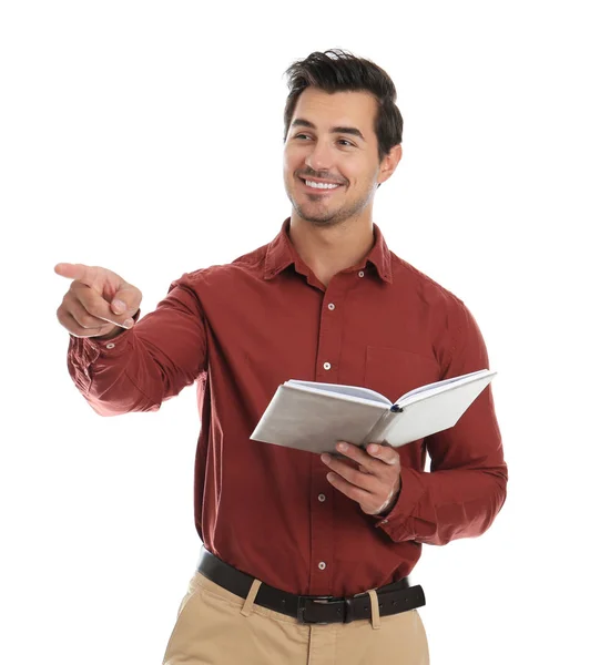 Jeune professeur masculin avec livre sur fond blanc — Photo