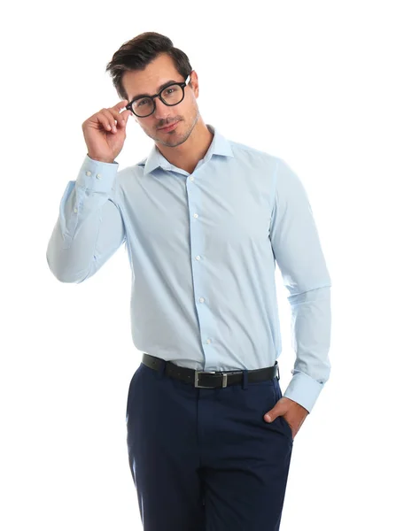 Young man with glasses on white background — Stock Photo, Image