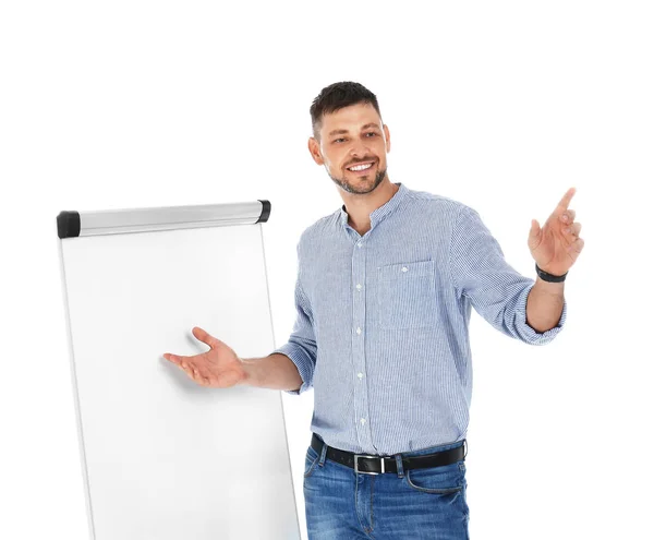 Professionele business trainer in de buurt flip-over board op witte achtergrond — Stockfoto
