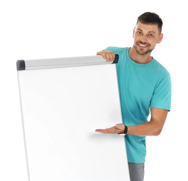 Professionele business trainer in de buurt van flip chart Board op witte achtergrond. Ruimte voor tekst — Stockfoto